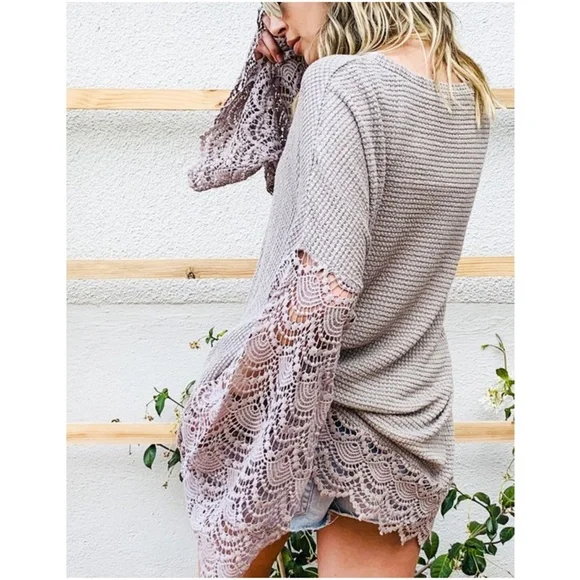 034 Boho Lace Bell Sleeve Waffle Knit Tunic Top - Picture 5 of 13